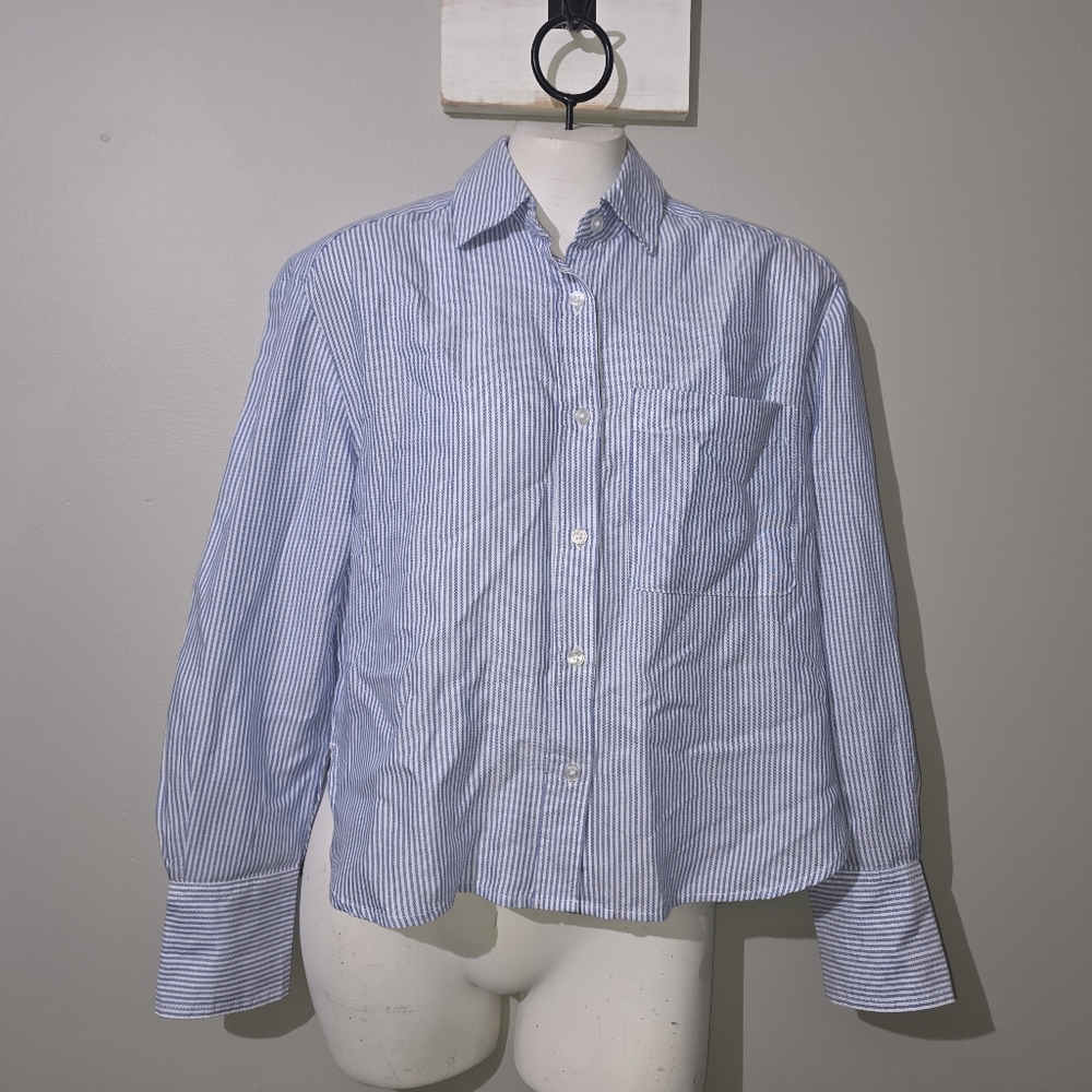 Lola River Women's Brooke Ocean Blue Striped Long Sleeve Button Up Shirt XS